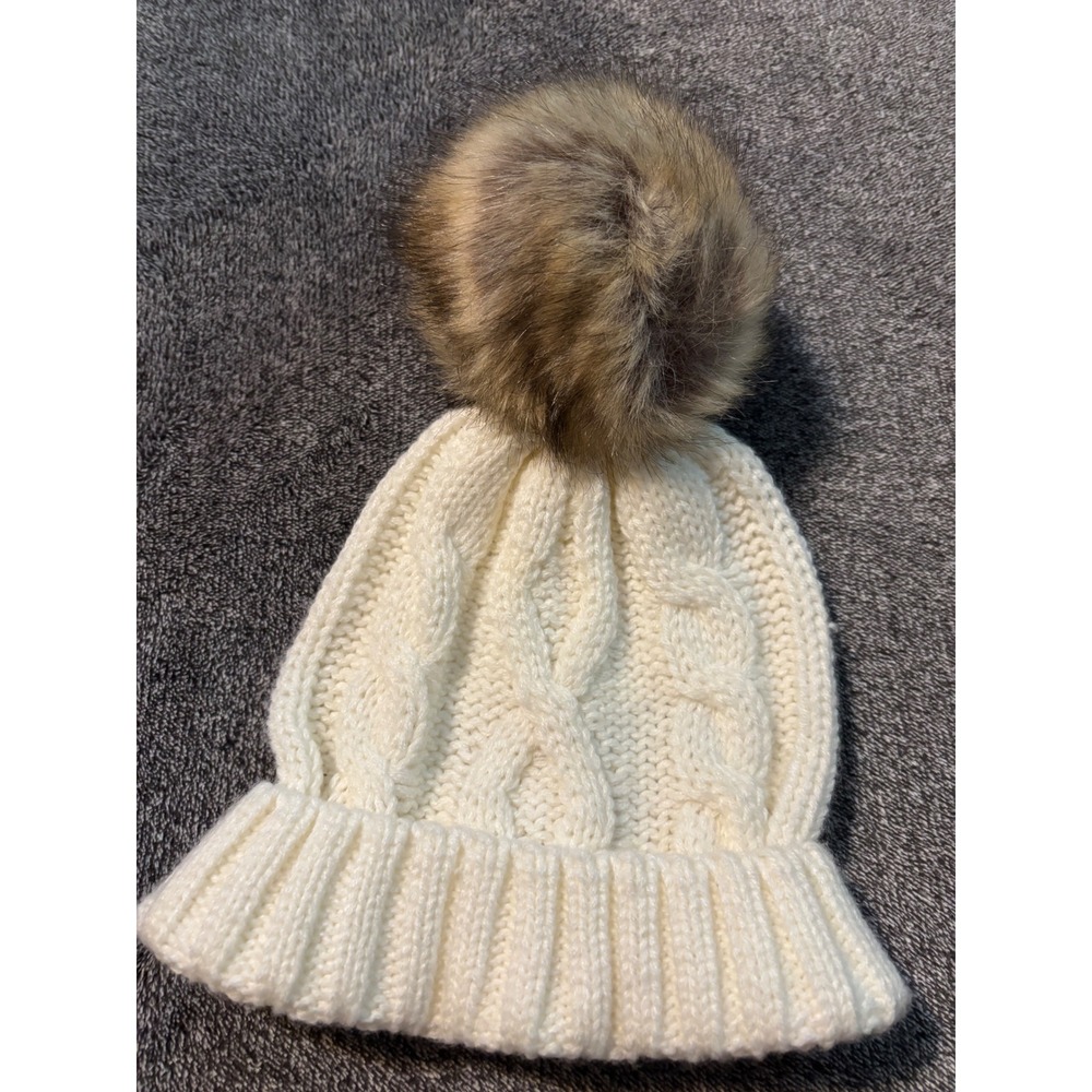 Lands End Ivory Cable Knit Beanie Faux Fur Pom Pom Winter Hat M-L 513500